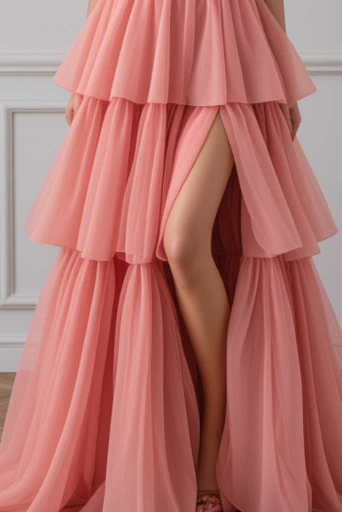 Formal Evening Tiered Dress Pink Ombre Floor-Length Gown