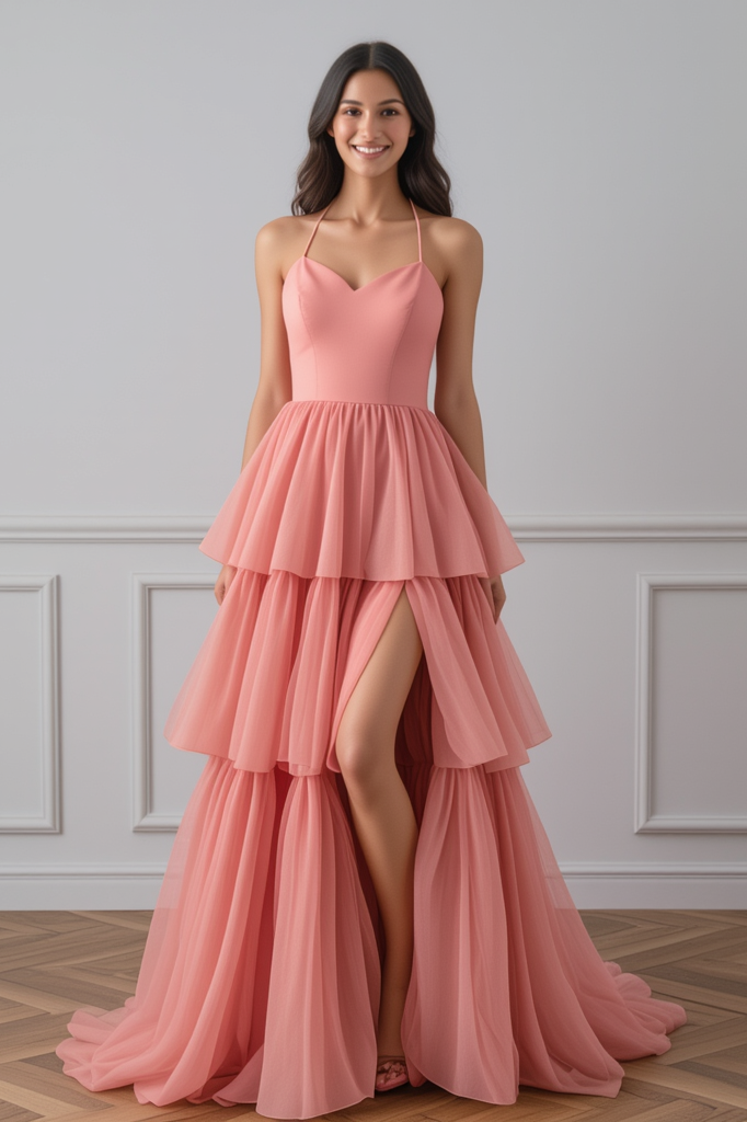 Formal Evening Tiered Dress Pink Ombre Floor-Length Gown