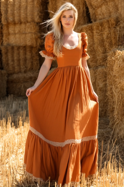 Bohemian Vacation Dress Orange U Neck Short Sleeve Maxi Dress
