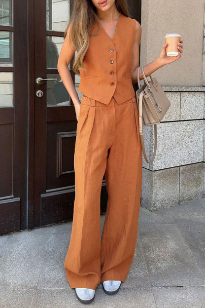 Casual Daily Vest Set Sleeveless Vest Long Wide-Leg Pants Set
