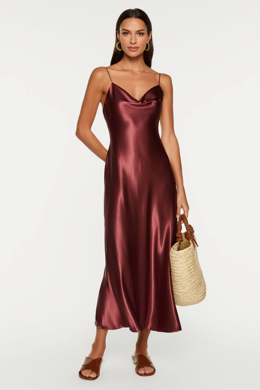 ​Cocktail Party​ Dress Satin Burgundy Straps Maxi Dress