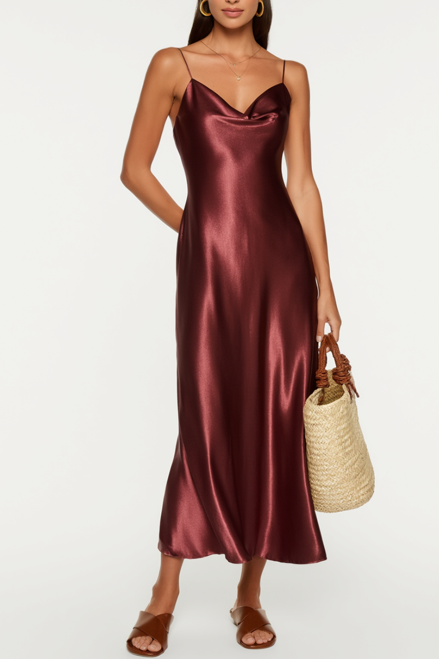 ​Cocktail Party​ Dress Satin Burgundy Straps Maxi Dress