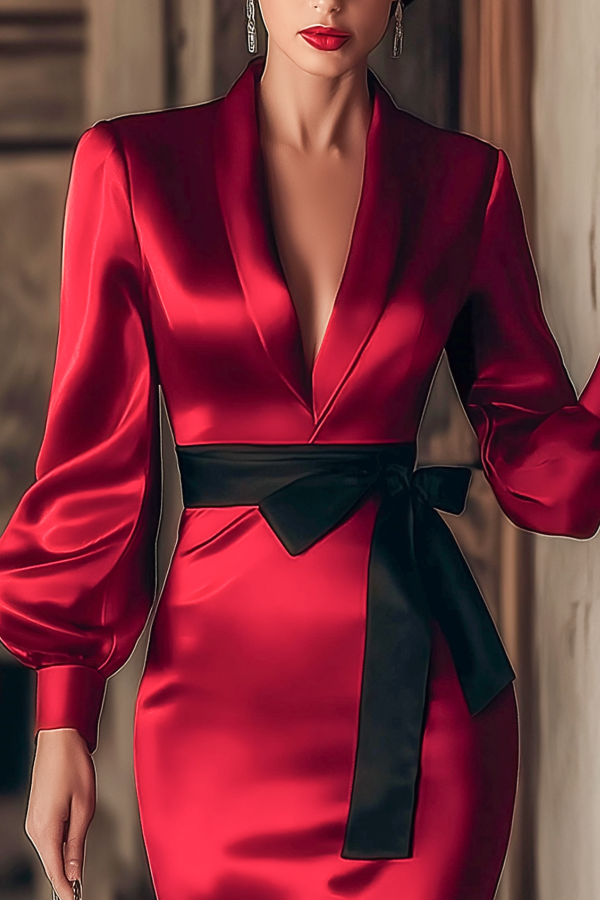 Cocktail Party Dress Red Lapel Satin Knee-Length Dress