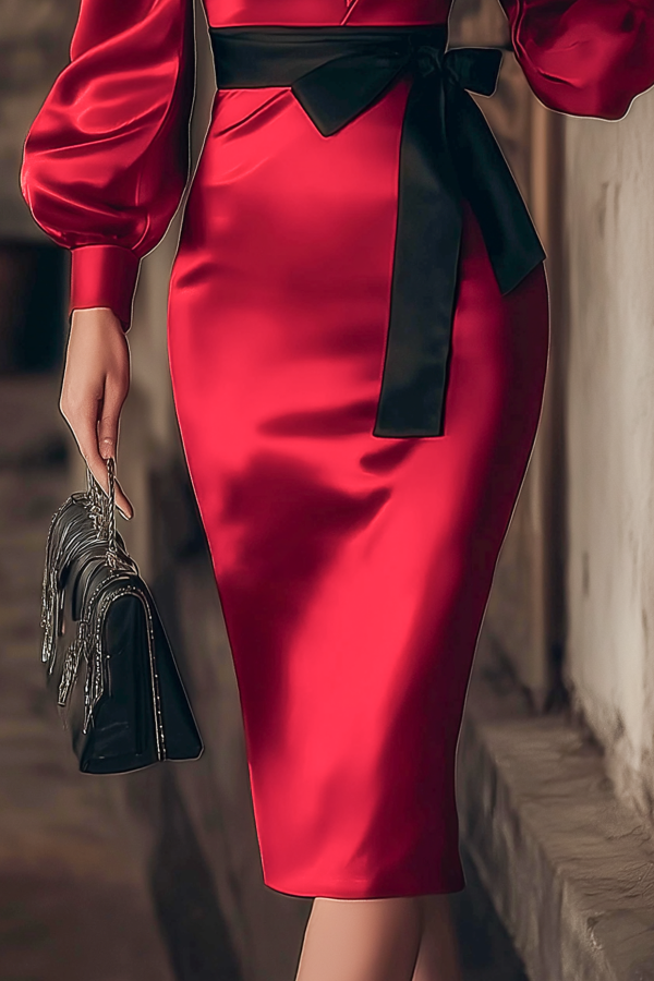 Cocktail Party Dress Red Lapel Satin Knee-Length Dress