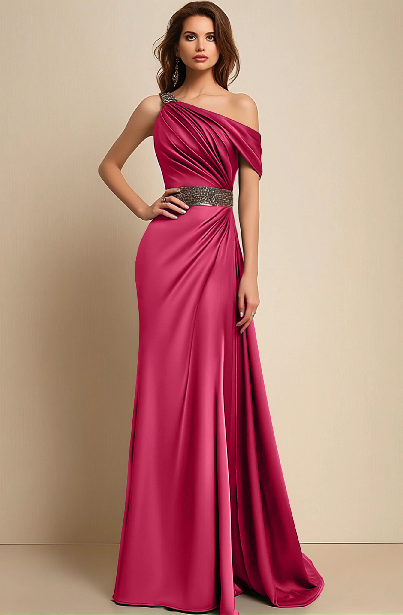 Formal Dress Green One-Shoulder Rhinestone Waist Belt Maxi Dress