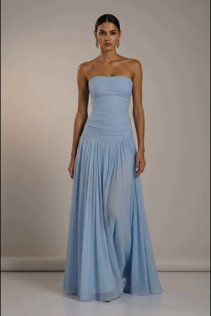 Light Blue Formal ​Wedding Bridesmaid Dress Strapless Chiffon Maxi Dress 