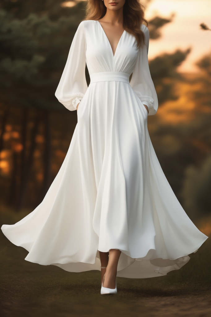 Formal Swing Evening Dress White V Neck Maxi Dress