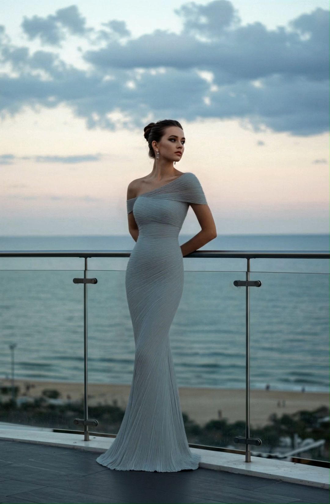 Evening Prom Light Blue Gown One Shoulder Glitter Pleated Maxi Dress