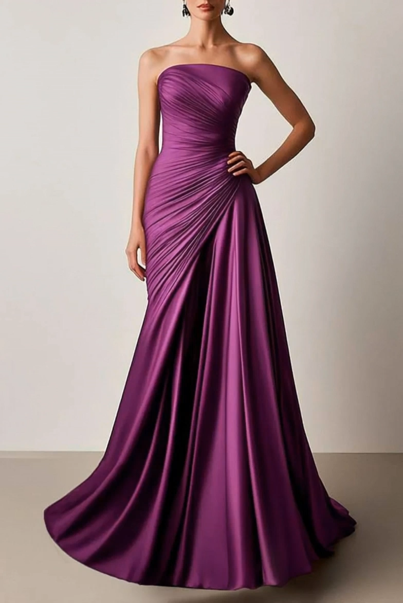 Formal Pleated Dress Purple Strapless Maxi Dress