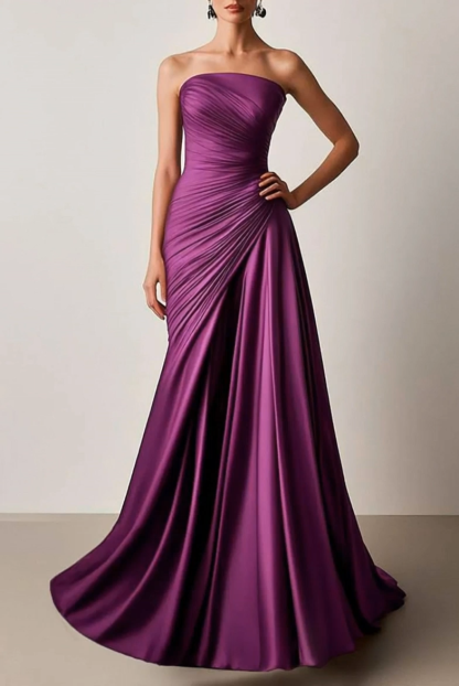 Formal Pleated Dress Purple Strapless Maxi Dress