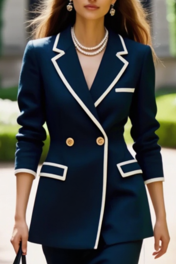 Work Blazer Suit Sets Navy Lapel Long Sleeve Skirts Set