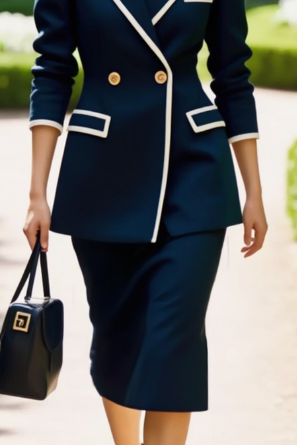 Work Blazer Suit Sets Navy Lapel Long Sleeve Skirts Set