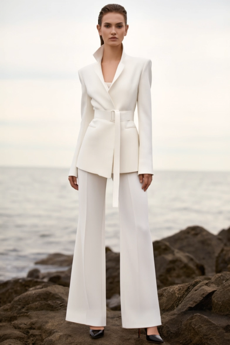​Business Formal Blazer Pant Suit ​​White V Neck Long Sleeve Straight Pants