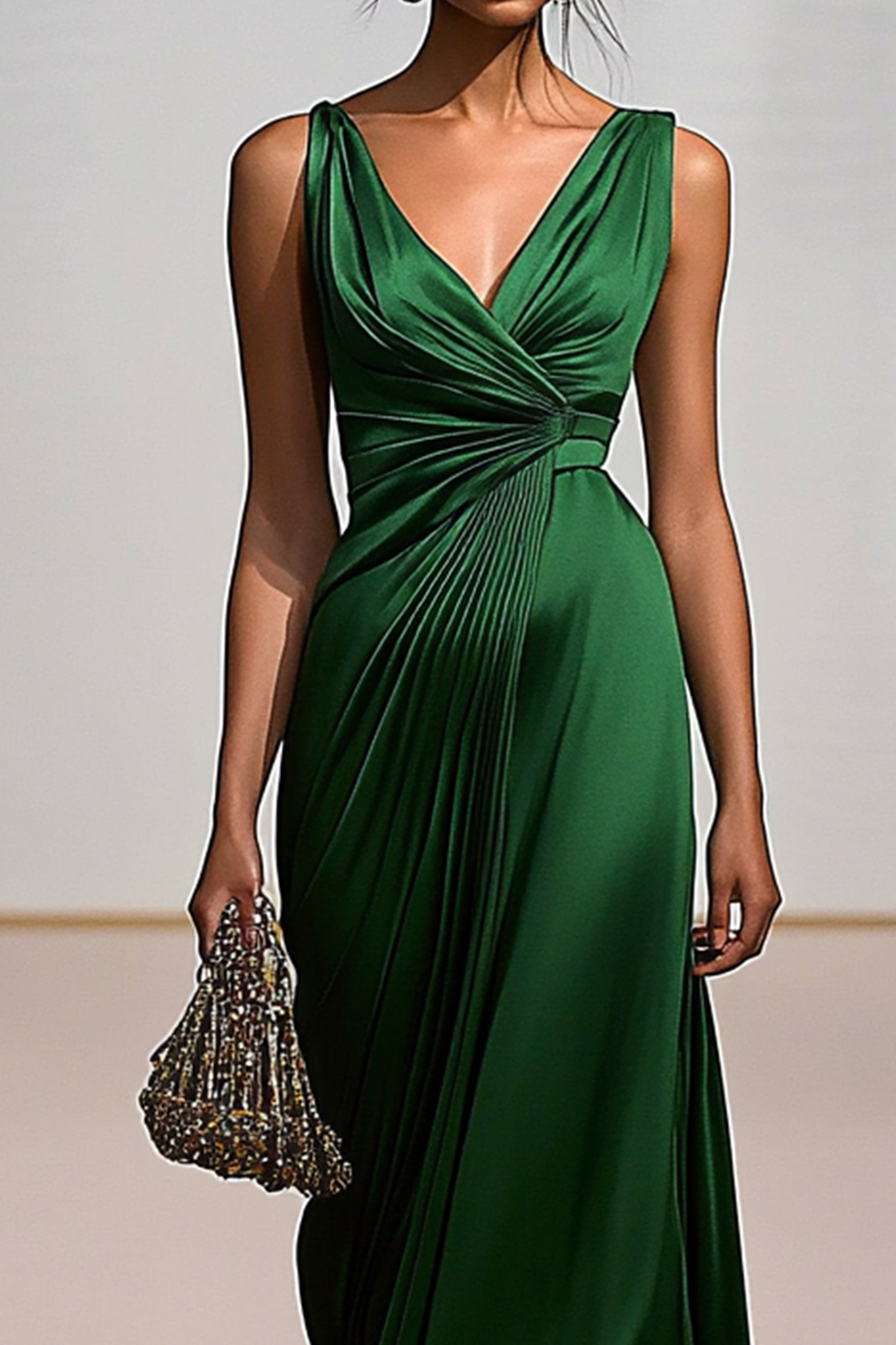 Women's Deep V Formal Dress Green Pleating Maxi Dress