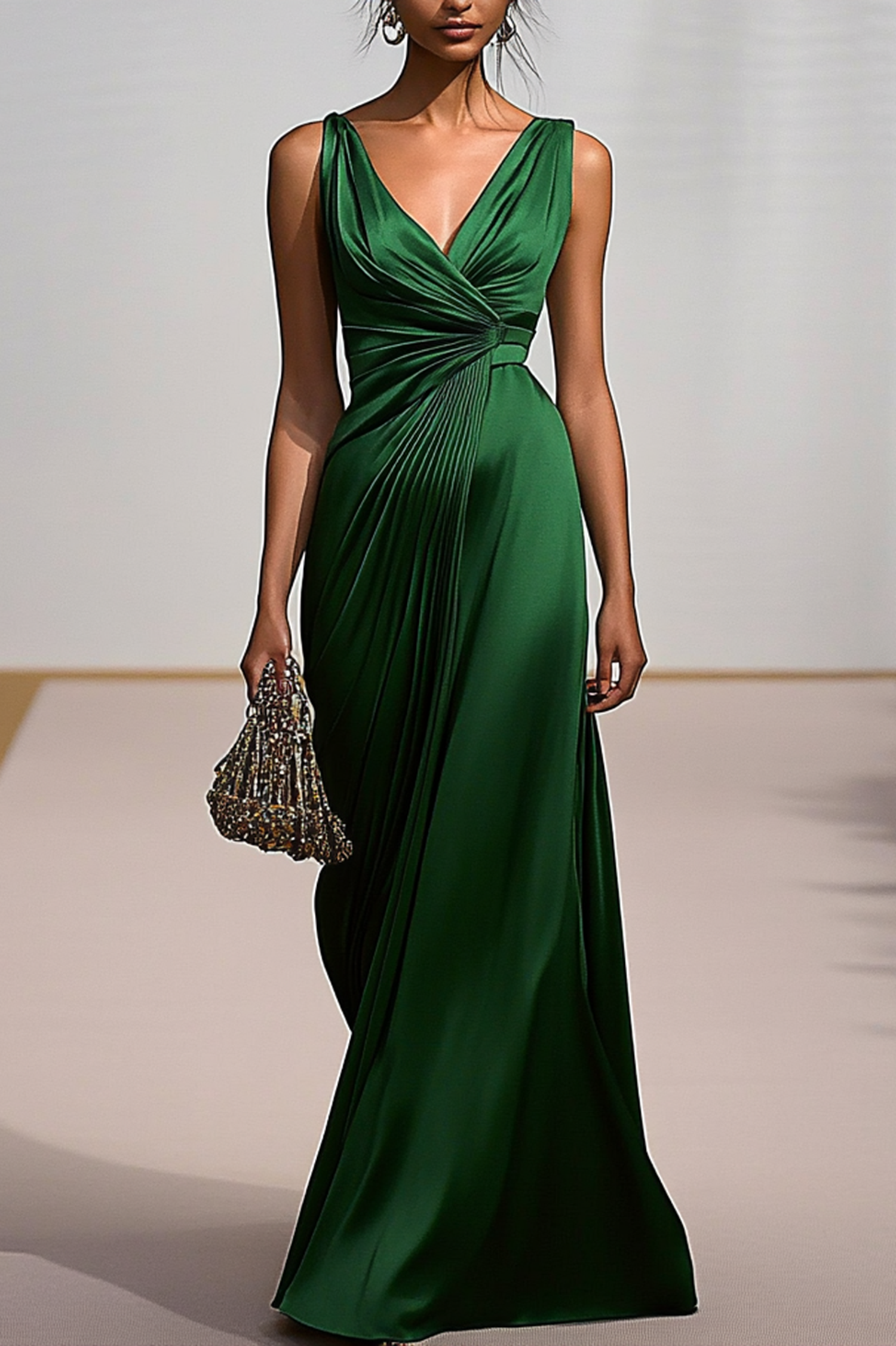 Women's Deep V Formal Dress Green Pleating Maxi Dress