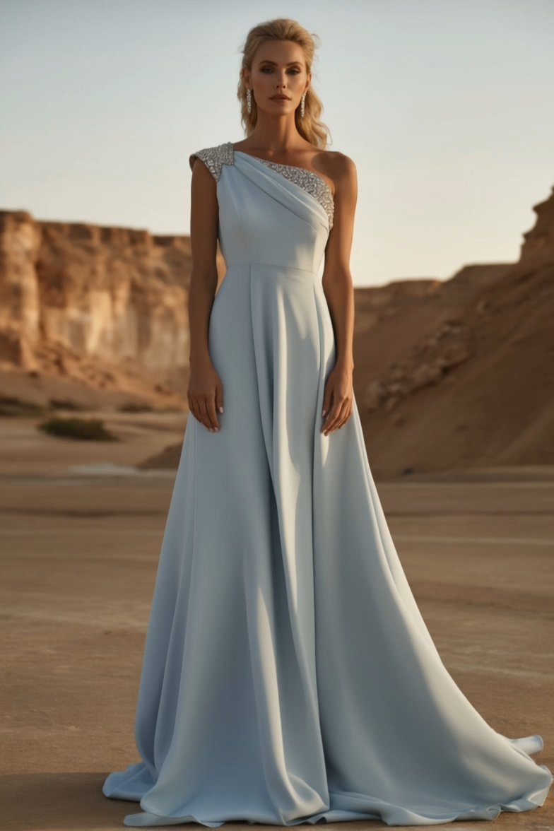 Evening Formal Dress​ Blue One-Shoulder Sequin Floor-Length Dress