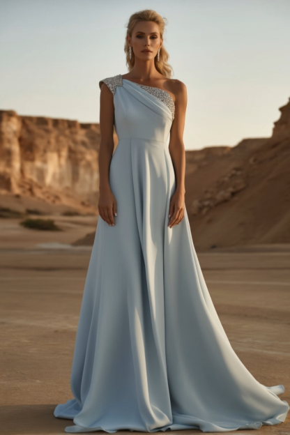 Evening Formal Dress​ Blue One-Shoulder Sequin Floor-Length Dress