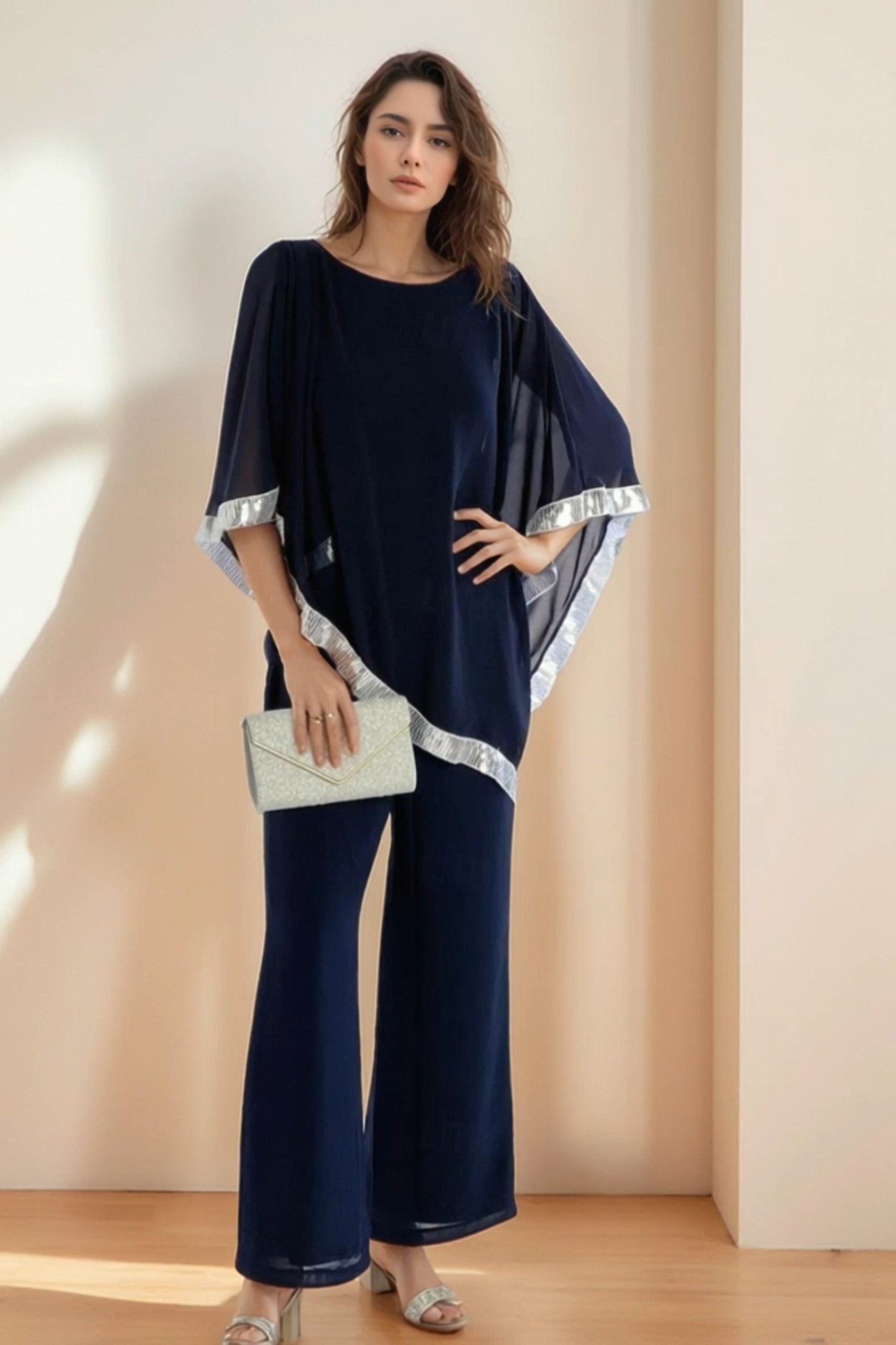 Navy Chiffon Pants Set with Crew Neck Top for Mother of the Bride