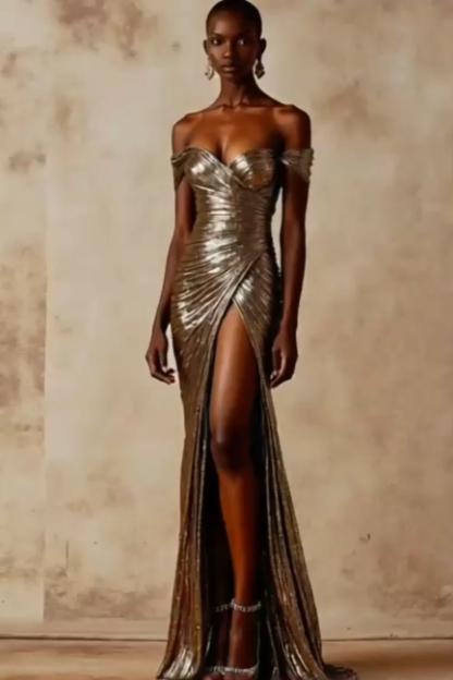 Sparkly Formal Dress Brown Off the Shoulder Slit Maxi Dress