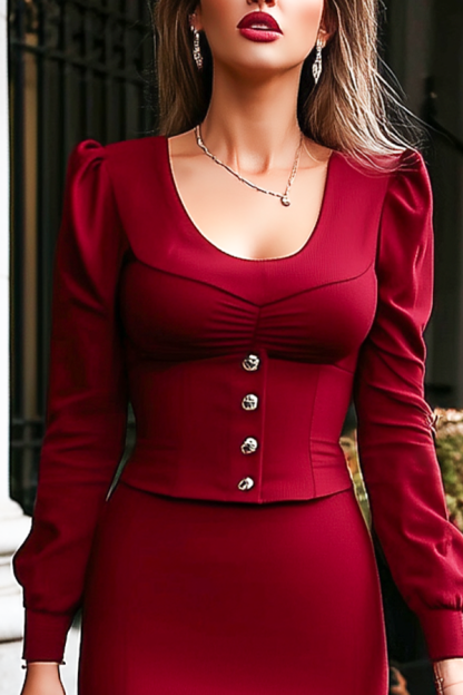 Work Outfit Sets Dress Burgundy U Neck Midi Mermaid Skirt Set