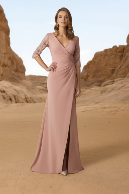Formal Evening Dress Pink V Neck Lace Slit Maxi Dress