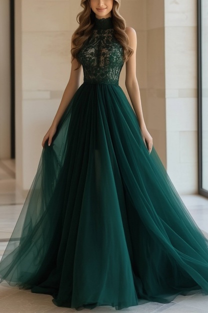 Formal Evening Dress Halter Neck Lace Green Ombre Floor-Length Gown