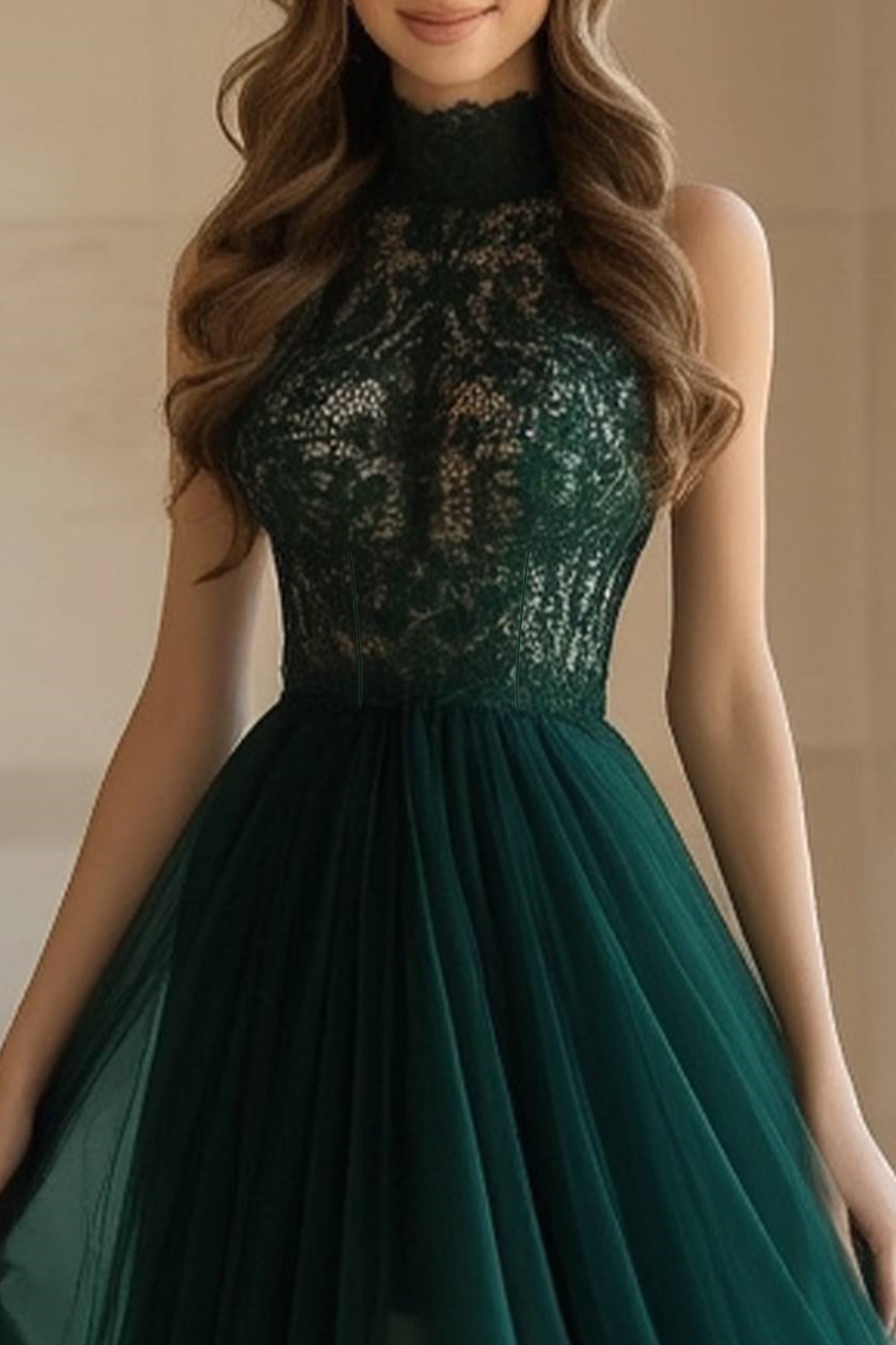 Formal Evening Dress Halter Neck Lace Green Ombre Floor-Length Gown