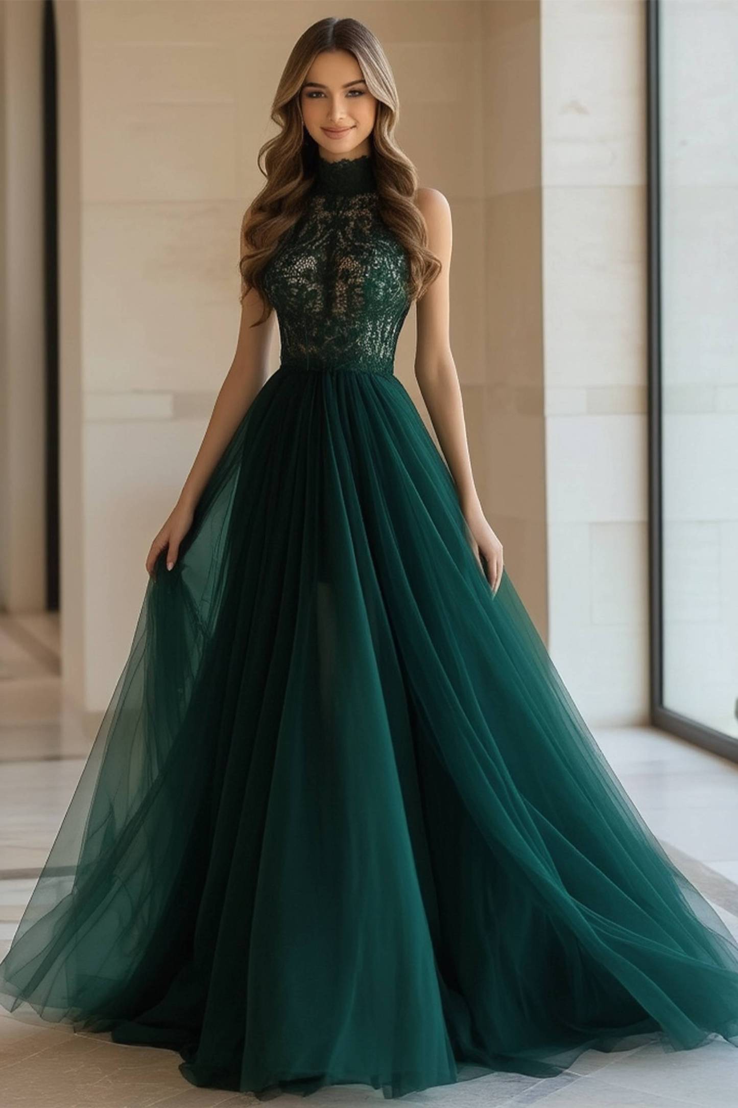 Formal Evening Dress Halter Neck Lace Green Ombre Floor-Length Gown