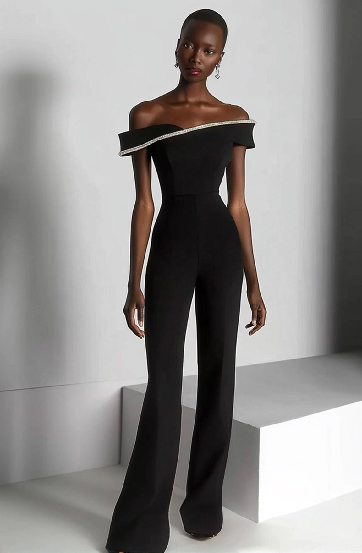 Semi-Formal Party Jumpsuit Black Off-Shoulder Silver Trimmed Wide-Leg Pants