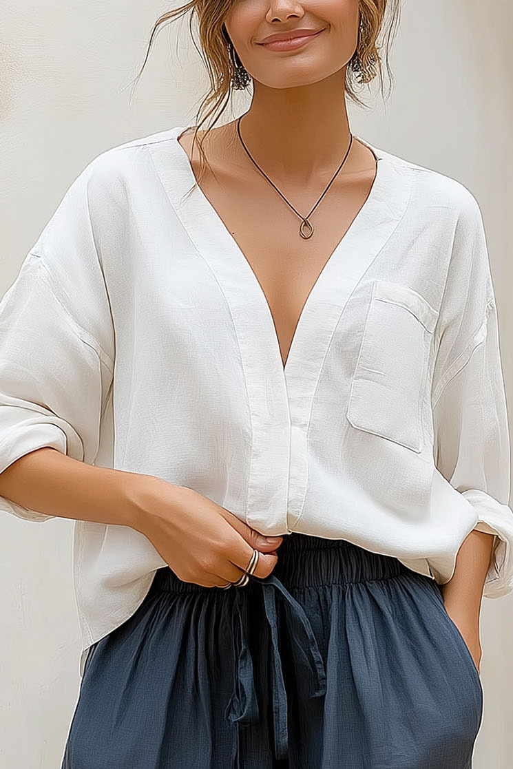 Casual Daily Shirt White V-Neck Long Sleeve Shirt