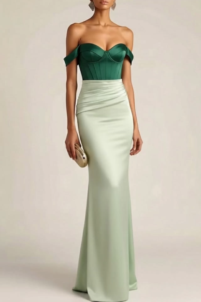Green Evening Formal Dress Off the Shoulder Corset Satin Maxi Dress