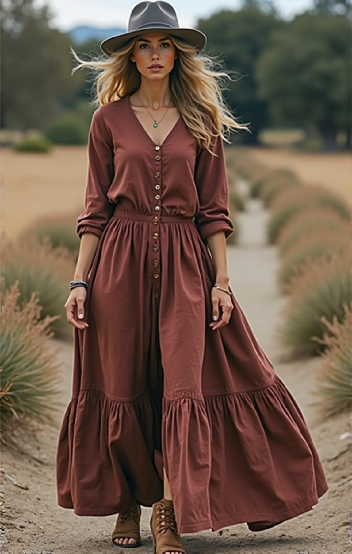 Bohemian Western Dress Fuchsia V Neck Ruched Maxi Dress