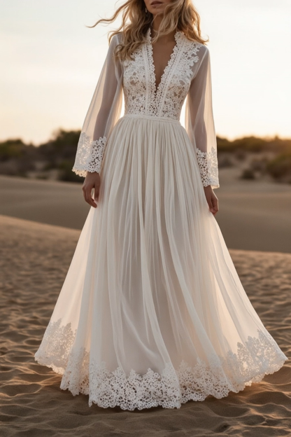 Bohemian Lace Dress White Deep V Maxi Dress