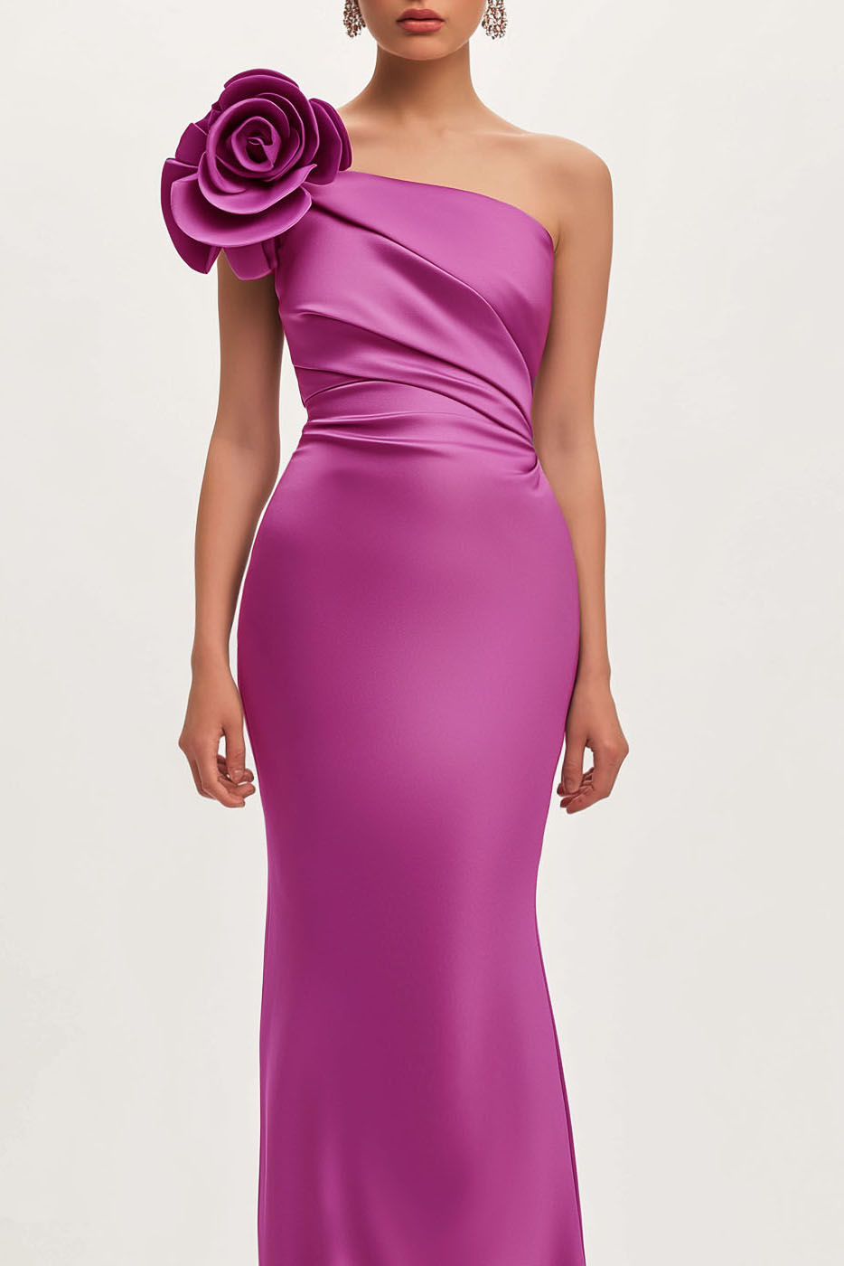 Formal Evening Satin Dress Purple One Shoulder 3D Floral Floor-Length Dress