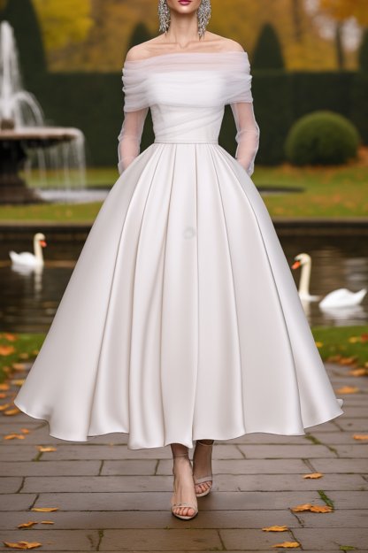 Wedding Dress White Off Shoulder Mesh Maxi Long Sleeve Dress