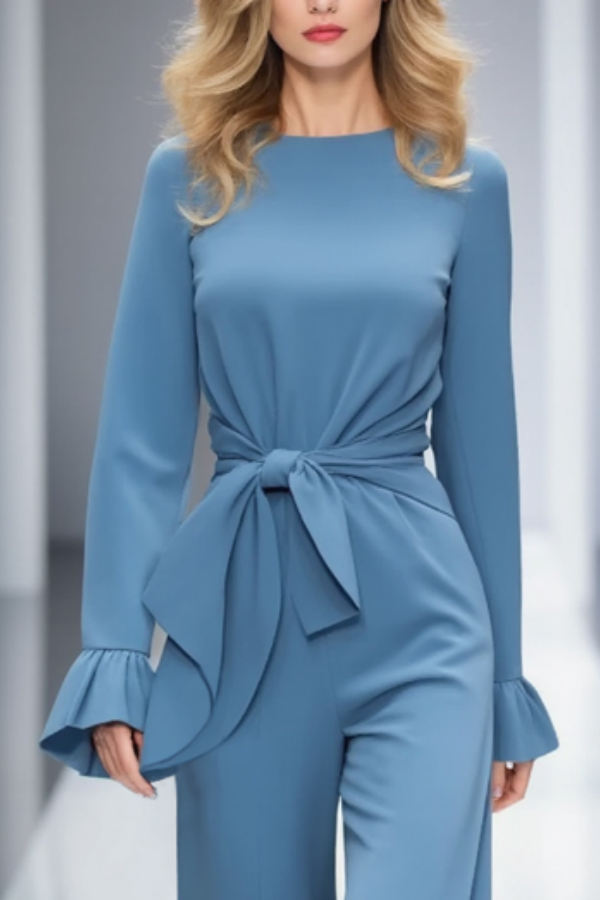 Casual Jumpsuit Long Sleeve Crew Neck Blue Waist Tie Jumpsuit