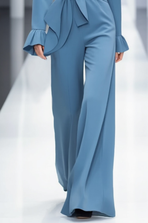 Casual Jumpsuit Long Sleeve Crew Neck Blue Waist Tie Jumpsuit