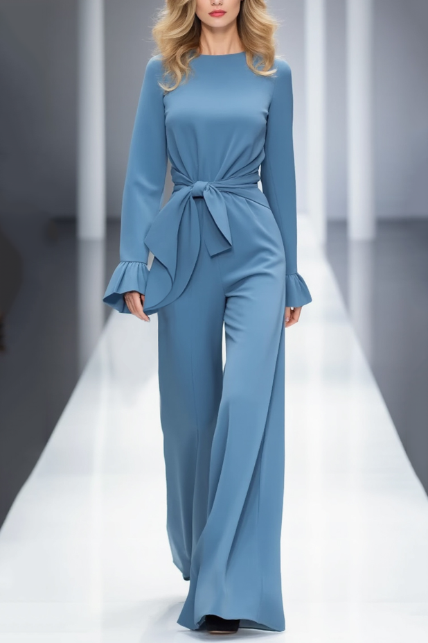 Casual Jumpsuit Long Sleeve Crew Neck Blue Waist Tie Jumpsuit