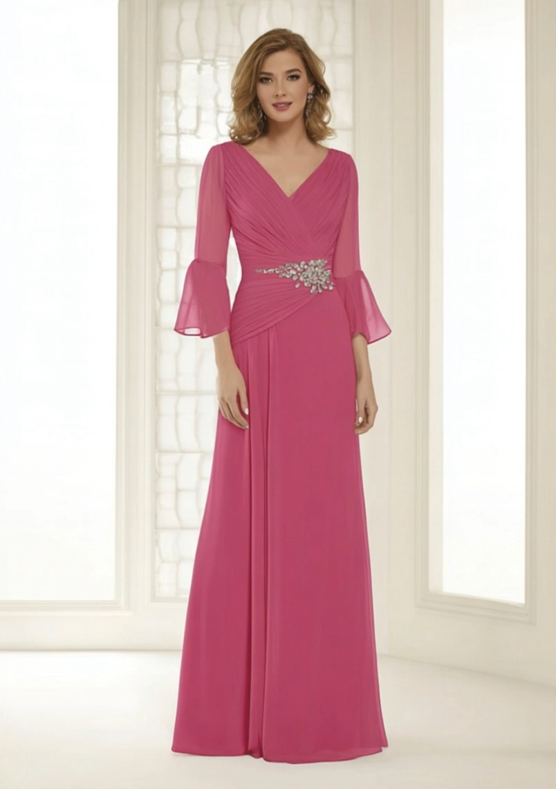 Evening Dress Rose V Neck 3/4 Length Sleeve Maxi Dress