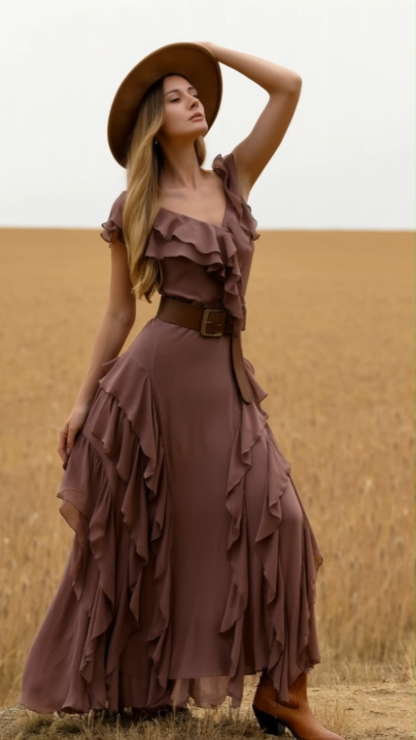 Boho Dress Purple V Neck Ruffle Belted Maxi Dress