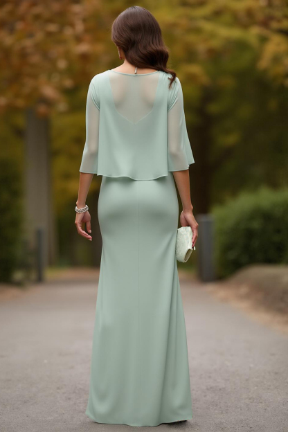 Mother of the Bride Dress Green Lace Crew Neck Cape Maxi Dress