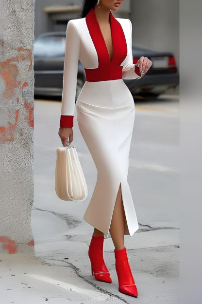 Cocktail Dress​ Red Deep V  Colorblock Midi Sheath Dress