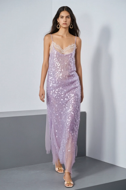 Party Sequin Dress Purple Spaghetti Strap Lace Midi Dress