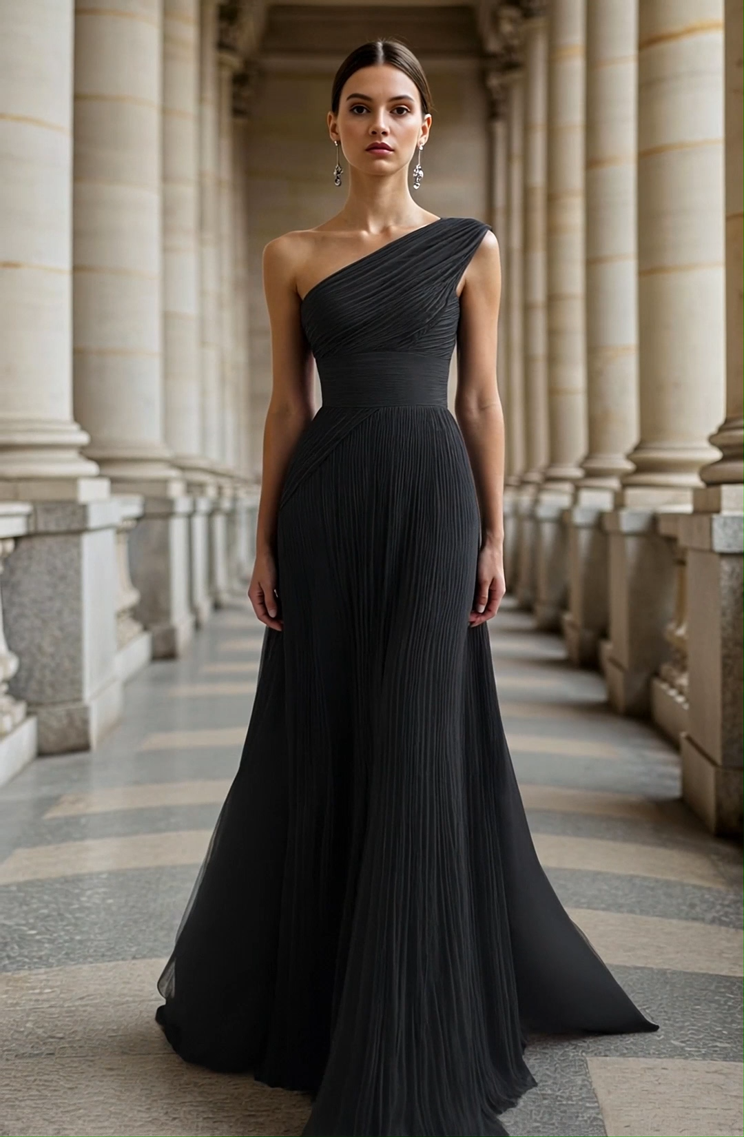 Prom Formal Pleated Dress Rose Color One-Shoulder Maxi Dress