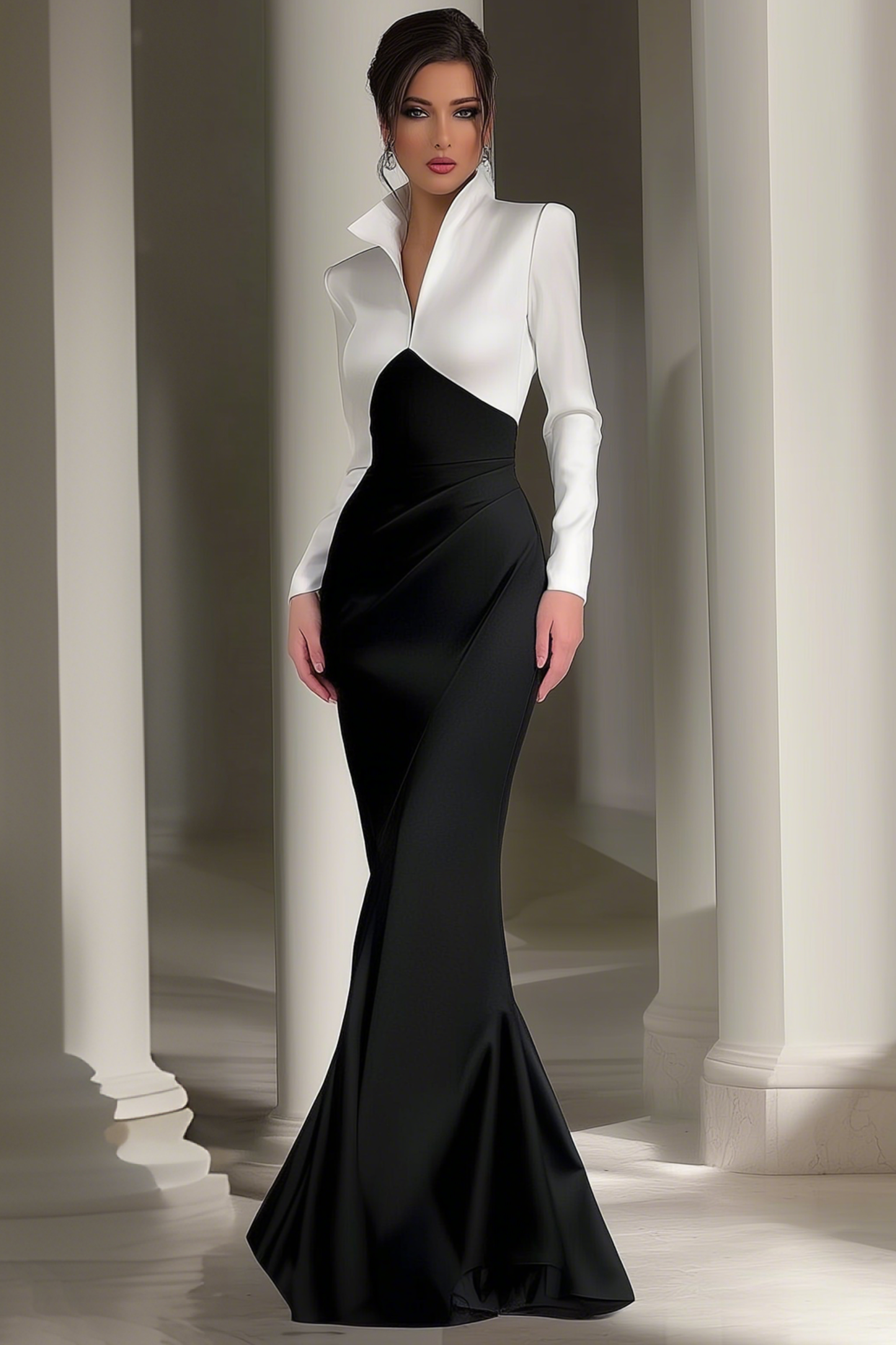 Formal Evening Dress Black White Shirt Collar Maxi Dress