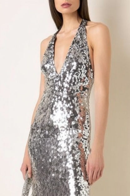Evening Dress Silver Halter Neck Sequin Maxi Dress