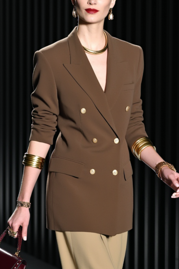 Work Blazer Suit Sets Brown Lapel Long Sleeve Wide-Leg Pants Set