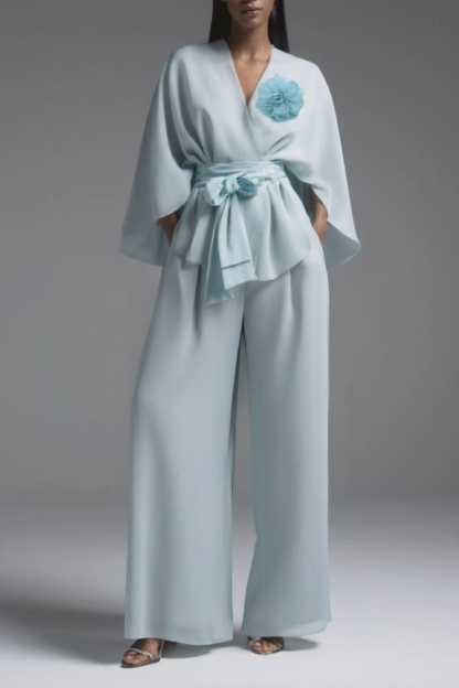 Work Pants Set Blue Long Sleeve Blouse Two-Piece Wide-Leg