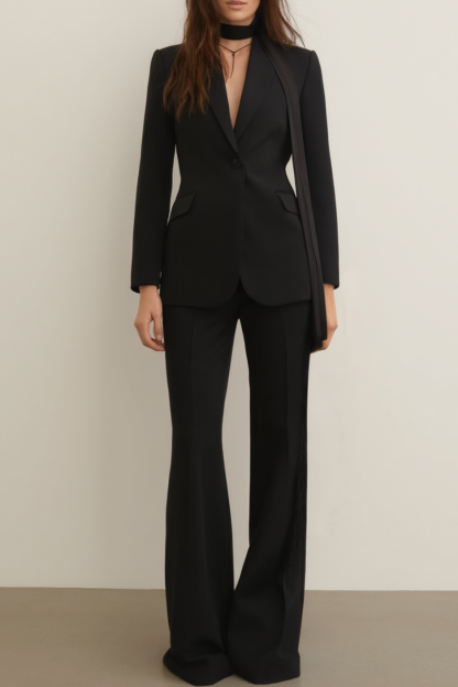 Work Blazer Suit Black Lapel Long Sleeve Pants Set 