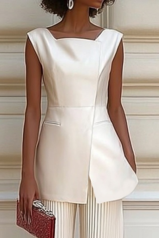 Business Outfit Sets White Square Neck Pleated Pant
